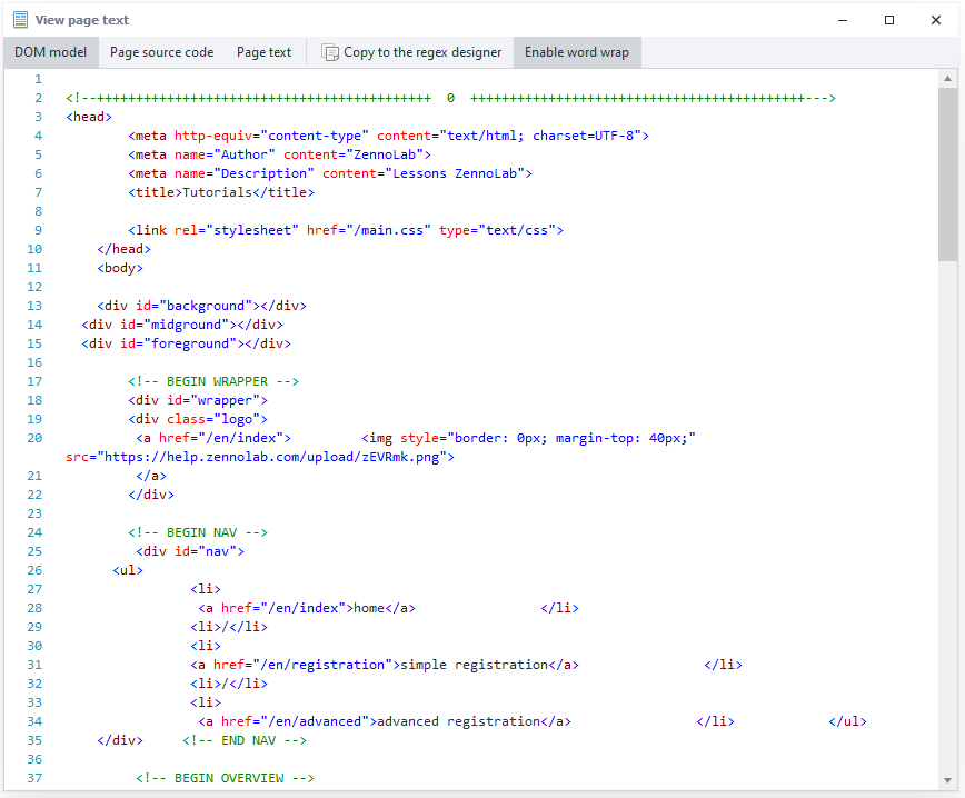 Viewing source code, DOM, and page text